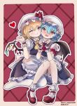  2022 2girls absurdres alternate_costume apron artist_name ascot back_bow bat_wings black_skirt black_vest black_wings blonde_hair bloomers blue_hair blush bobby_socks border bow cheek-to-cheek closed_mouth collared_shirt dated enmaided fang flandre_scarlet frilled_apron frilled_skirt frills full_body hair_between_eyes hat heads_together heart highres maid mary_janes medium_hair mob_cap multicolored_wings multiple_girls nero_augustus no_shoes nose_blush one_eye_closed open_mouth pantyhose pointy_ears puffy_short_sleeves puffy_sleeves red_ascot red_background red_footwear remilia_scarlet shirt shoes short_sleeves siblings simple_background sisters skin_fang skirt skirt_set socks touhou vest waist_apron white_apron white_bloomers white_border white_bow white_hat white_pantyhose white_shirt white_socks wings wrist_cuffs yellow_ascot 