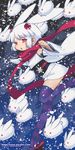  akatsuki_gomoku animal_ears bunny bunny_ears detached_sleeves japanese_clothes kimono nicomi.com obi purple_legwear red_eyes red_scarf sash scarf short_hair short_kimono snow snow_bunny snowing solo striped striped_legwear thighhighs watermark web_address white_hair 