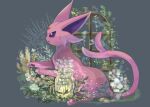  animal_focus bottle commentary espeon flower forehead_jewel full_body grey_background highres no_humans open_mouth pawpads pokemon pokemon_(creature) purple_eyes sitting solo symbol-only_commentary volpecorvo wheat white_flower window 