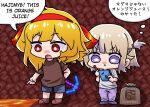  2girls :&lt; :o blonde_hair blue_shorts brown_footwear brown_hair brown_shirt closed_mouth commentary english_commentary english_text grey_shirt hairband highres holding holding_pencil hololive hololive_dev_is hololive_indonesia imadoki kaela_kovalskia lava minecraft minecraft_pickaxe mixed-language_text multilingual multiple_girls one_side_up open_mouth pants pencil pickaxe pointing purple_eyes purple_footwear purple_pants red_eyes red_hairband shirt shoes short_sleeves shorts signature todoroki_hajime translation_request v-shaped_eyebrows virtual_youtuber 