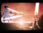  bardiche blonde_hair energy_sword fate_testarossa from_behind hayakawa_harui lens_flare letterboxed lyrical_nanoha mahou_shoujo_lyrical_nanoha multiple_girls raising_heart sunset sword takamachi_nanoha twilight weapon 