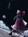  2girls bow commentary detached_sleeves earth_(planet) feathered_wings flying frilled_bow frilled_hair_tubes frills from_behind gohei hair_bow hair_tubes hakurei_reimu highres holding holding_gohei kishin_sagume long_hair moon multiple_girls on_moon planet red_bow red_skirt ribbon-trimmed_sleeves ribbon_trim shoes single_wing skirt skirt_set star_(sky) there2007 touhou wings 