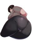  1girl absurdres arm_behind_back ass bike_shorts black_hair black_pants breasts brown_eyes cameltoe from_below glasses grey_shirt highres jimiko k-yuuta1133 large_breasts original pants shirt simple_background sweat t-shirt white_background 