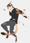 2022 alternative_fashion anthro belt biped bottomwear clothed clothing cougar eyewear feet felid feline ferwanwan fluffy gear glasses hi_res horn javier_(scraphead) leaf male male_anthro mammal pants paws shirt simple_background smile solo steampunk tail topwear watermark white_background