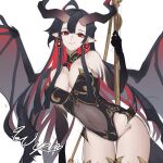  1girl antenna_hair bat_wings black_hair black_leotard breasts cleavage commentary demon_girl demon_horns detached_collar earrings english_commentary hair_between_eyes horns jewelry leotard long_hair looking_at_viewer original pointy_ears red_eyes rohioart signature simple_background smile solo white_background wings 