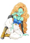  absurd_res alien alien_humanoid armwear big_hair blue_clothing blue_eyes blue_topwear bottomwear breasts cleavage clothed clothing dragon_ball dragon_ball_z ear_piercing eyelashes female footwear green_body green_skin grey_armwear grey_clothing hair hi_res humanoid humanoid_pointy_ears jewelry long_hair necklace onihime_takun open_mouth orange_hair pants piercing shoes simple_background sitting solo thick_thighs topwear torn_clothing white_background white_bottomwear white_clothing white_pants wide_hips yellow_clothing yellow_footwear yellow_shoes zangya 