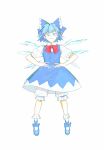  1girl bloomers blue_bow blue_dress blue_eyes blue_footwear blue_hair blue_ribbon bow chinese_commentary cirno closed_mouth commentary_request dress footwear_bow frilled_socks frills hair_ribbon highres miko_(15476997) neck_ribbon pinafore_dress puffy_short_sleeves puffy_sleeves red_ribbon ribbon shirt short_sleeves simple_background sleeveless sleeveless_dress smile socks solo touhou white_background white_bloomers white_shirt white_socks wings 