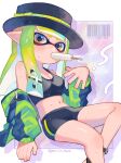 barcode bike_shorts food green_hair green_jacket hat highres inkling inkling_girl inkling_player_character jacket long_hair midriff multicolored_eyes open_clothes open_jacket pointy_ears popsicle shina_shina single_vertical_stripe splatoon_(series) splatoon_1 splatoon_2 splatoon_3 tentacle_hair 