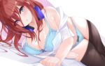  1girl :t black_pantyhose blue_bra blue_eyes blue_panties blurry blush bra breasts brown_hair cleavage closed_mouth clothes_pull commentary_request depth_of_field go-toubun_no_hanayome headphones headphones_around_neck large_breasts long_hair long_hair_between_eyes looking_at_viewer lying micosiva nakano_miku on_side panties pantyhose pantyhose_pull pout shirt short_sleeves solo underwear white_background white_shirt 