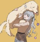  2girls animal animalization bang_dream! bang_dream!_it&#039;s_mygo!!!!! black_ribbon blue_hair blush chinese_commentary commentary_request dog golden_retriever grey_shirt grey_skirt hair_ribbon highres holding holding_animal holding_dog long_hair long_sleeves misumi_uika multiple_girls plaid plaid_skirt ribbon shirt simple_background skirt sweatdrop togawa_sakiko two_side_up uud45gaotrcvkfg yellow_background yellow_eyes 