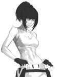  1girl abs biceps black_gloves breasts cleavage gloves greyscale leona_heidern long_hair midriff monochrome muscular muscular_female navel ponytail reon_(98109reon) solo tank_top the_king_of_fighters 