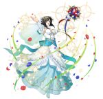  1girl black_hair blue_dress bouquet breasts bridal_veil bride cleavage dress fire_emblem fire_emblem_engage fire_emblem_heroes freestyle18 full_body hair_between_eyes hair_ornament jewelry long_sleeves looking_at_viewer nel_(fire_emblem) nel_(stoic_bride)_(fire_emblem) official_alternate_costume red_eyes short_hair strapless strapless_dress two-tone_dress veil wedding_dress white_dress 