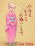  2008 blonde_hair blue_eyes furisode japanese_clothes kimono kotoyoro lowres new_year original solo weno weno's_blonde_original_character 