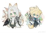  2boys :3 animal_ears black_hakama black_pants blue_kimono branch bright_pupils buster_sword cherry_blossoms chibi chinese_clothes chinese_commentary cloud_strife commentary_request dapanggezilan dog_boy dog_ears dog_tail expressionless final_fantasy final_fantasy_vii fox_boy fox_ears fox_tail full_body geta gohei green_eyes grey_hair hakama hand_fan highres holding holding_fan holding_gohei holding_sword holding_weapon japanese_clothes katana kimono knee_up koinobori long_bangs long_hair looking_at_another male_focus masamune_(ff7) multiple_boys orange_outline pants parted_bangs puffy_pants robe sephiroth slit_pupils smile solo standing sword sword_on_back tabi tail walking waves weapon weapon_on_back white_haori white_robe wide_sleeves windsock 