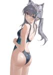  1girl absurdres animal_ear_fluff animal_ears ass blue_archive blue_eyes breasts grey_hair hair_between_eyes hair_ornament hairclip highres long_hair shiroko_(blue_archive) shiroko_(swimsuit)_(blue_archive) sideboob simple_background summer_(724788381) twintails white_background wolf_ears 