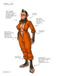  anthro ape barefoot big_breasts black_sclera breasts chimpanzee clothed clothing ear_piercing english_text feet female haplorhine highlights_(coloring) jumpsuit mammal model_sheet muscular muscular_anthro muscular_female neurodyne pan_(genus) piercing primate solo text yello yellow_eyes 