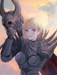  1girl armor blonde_hair blue_eyes cape cloud cosplay death_knight_(fire_emblem) death_knight_(fire_emblem)_(cosplay) earrings fire_emblem fire_emblem:_three_houses helmet highres jewelry mercedes_von_martritz red_cape smile solo spiked_armor teeth unworn_headwear unworn_helmet wrainbow13 