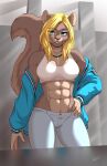 9utsy abs anthro blonde_hair blue_eyes bottomwear breasts brown_body brown_fur clothed clothing female fur hair hand_on_hip hi_res jacket jewelry looking_at_viewer mammal midriff muscular muscular_anthro muscular_female necklace open_clothing open_jacket open_topwear pants rodent sciurid smile solo tanya_(bronx23) topwear tree_squirrel