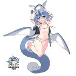  1girl :d animal arms_up bare_arms bare_legs bare_shoulders barefoot bikini blue_hair breasts chibi chibi_inset collarbone full_body gameciel_the_sea_turtle_kaiju green_eyes hair_between_eyes highres holding holding_animal horns navel personification saru sharp_teeth side-tie_bikini_bottom simple_background small_breasts smile swimsuit tail teeth translation_request wardrobe_malfunction white_background white_bikini yu-gi-oh! 