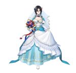  1girl absurdres black_hair blue_dress bouquet breasts bridal_veil bride cleavage dress fire_emblem fire_emblem_engage fire_emblem_heroes freestyle18 full_body hair_between_eyes hair_ornament highres jewelry long_sleeves looking_at_viewer nel_(fire_emblem) nel_(stoic_bride)_(fire_emblem) official_alternate_costume red_eyes short_hair solo strapless strapless_dress two-tone_dress veil wedding_dress white_dress 