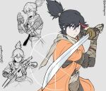  1girl black_hair blue_eyes cosplay daigo_(daistrangelove) frown highres holding holding_sword holding_weapon japanese_clothes katana kill_la_kill long_hair long_sleeves looking_at_viewer matoi_ryuuko multicolored_hair prosthesis prosthetic_arm red_hair scarf sekiro sekiro:_shadows_die_twice sekiro_(cosplay) sword two-tone_hair weapon 