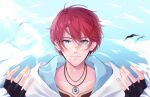  1boy adol_christin ahoge artist_name bird black_gloves blue_eyes blue_sky cloud double-parted_bangs english_commentary fingerless_gloves gloves hair_between_eyes highres jewelry maskyarts pendant portrait red_hair short_hair sky smile solo upper_body ys ys_x_nordics 