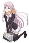  arm_support book kneeling legs long_hair mura_(kanojo_no_oukoku) original pink_hair purple_hair scarf school_uniform skirt solo thighhighs zettai_ryouiki 