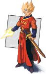  1boy absurdres aura black_pants blonde_hair blue_shirt cosplay dragon_ball dragon_ball_z dragon_quest earrings energy energy_sword green_eyes hero_(kenshin_dragon_quest) hero_(kenshin_dragon_quest)_(cosplay) highres jewelry kenshin_dragon_quest orange_shirt pants potara_earrings red_robe relio_db318 robe scabbard sheath shirt solo spiked_hair sword twitter_username vegetto weapon 