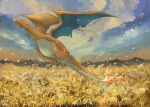  animal_focus blue_eyes charizard claws closed_mouth cloud cloudy_sky embers fangs flame-tipped_tail flying full_body grey_sky highres no_humans outdoors pokemon pokemon_(creature) sky solo volpecorvo wheat_field 