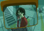  1girl alleyropolis black_hair bob_cut cellphone graffiti grey_shirt headphones headphones_around_neck highres holding holding_phone jacket jewelry mirror open_clothes open_jacket original phone red_jacket ring selfie shirt short_hair smartphone solo stairs tile_floor tiles 