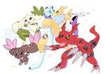  artist_name black_eyes black_sclera blue_eyes body_fur brown_fur colored_sclera colored_skin digimon digimon_(creature) digimon_tamers dinosaur fewer_digits fur_collar green_fur group_picture guilmon highres horns kitsune lopmon pink_fur purple_fur red_skin red_tail renamon sharp_teeth shingetsu_(doru0222) simple_background single_horn teeth terriermon two-tone_fur watermark white_background yellow_tail 