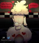 2024 absurd_res animatronic anthro artist_name beanontoast big_butt blush bovid breasts bubble_butt butt caprine curvy_figure detailed_background dialogue digital_drawing_(artwork) digital_media_(artwork) duo english_text facesitting female fluffy fluffy_tail hair heart_symbol hearts_around_head hi_res huge_butt inside machine male male/female mammal multicolored_body nude patreon patreon_logo robot segmented_arms sha_(twf) sheep short_tail sitting_on_another tail tail_motion tailwag text the_walten_files twitter twitter_logo two_tone_body watermark white_body white_hair wide_hips yellow_body
