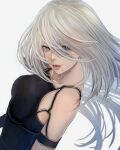  1girl a2_(nier:automata) android blue_eyes commentary grey_hair hair_between_eyes highres long_hair looking_at_viewer mitsuki_nite mole mole_under_mouth nier:automata nier_(series) parted_lips pink_lips simple_background solo upper_body white_background 