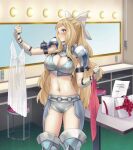  1girl absurdres armor bikini_armor blonde_hair blue_eyes bow box breasts charlotte_(fire_emblem) cleavage clothes_hanger commission dress dressing_room fire_emblem fire_emblem_fates gift gift_box hair_bow highres igni_tion large_breasts pauldrons shoulder_armor wavy_hair white_bow 