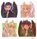  1girl 3boys :d artist_name bird_boy bird_girl black_coat black_wings blonde_hair blue_eyes blue_hair brown_wings closed_mouth coat commentary english_commentary feather_necklace fire_emblem fire_emblem:_path_of_radiance fire_emblem:_radiant_dawn green_coat green_eyes grid_background halapokok headband highres jewelry leanne_(fire_emblem) multiple_boys naesala_(fire_emblem) necklace pointy_ears red_headband reyson_(fire_emblem) scar scar_on_face simple_background smile teeth tibarn_(fire_emblem) upper_teeth_only white_background white_wings wings yellow_eyes 