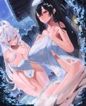  2girls absurdres armpits bathing black_hair blush breasts curvy fence hand_on_own_thigh hands_on_own_shoulders highres huge_breasts long_hair looking_at_viewer multiple_girls onsen open_mouth original purple_eyes red_eyes rima_(0136) shared_bathing thighs towel towel_on_head wading water wet_towel white_hair 