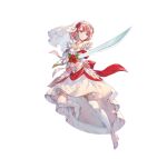  1girl boots bow bridal_veil bride detached_sleeves dress fire_emblem fire_emblem_engage fire_emblem_heroes flower gloves halterneck holding holding_sword holding_weapon lapis_(mighty_bride)_(fire_emblem) miwabe_sakura official_alternate_costume official_art pink_eyes pink_hair red_bow red_flower red_rose rose solo sword thigh_boots veil weapon wedding_dress white_background white_dress white_gloves zettai_ryouiki 