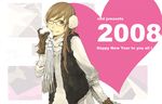  2008 bangs brown_eyes brown_gloves brown_hair casual coat commentary_request dress earmuffs fashion glasses gloves grin happy_new_year heart long_hair long_sleeves looking_at_viewer new_year one_eye_closed original scarf smile solo yoshito 