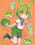  1girl artist_name babayaga_13lood bad_id bad_pixiv_id black_socks blush commentary_request edamame full_body green_footwear green_hair green_sailor_collar green_shorts hand_up highres inactive_account long_hair looking_at_viewer low_ponytail milkshake neck_ribbon orange_background orange_eyes outline puffy_short_sleeves puffy_sleeves red_ribbon ribbon sailor_collar shirt shirt_tucked_in shoes short_sleeves shorts smile socks solo voicevox white_outline white_shirt zunda_mochi zundamon 