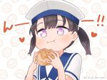  +_+ 1girl :i black_hair blue_sailor_collar blush cream_puff dated dress eating food food_on_face hair_between_eyes hat heart holding holding_food kantai_collection kirigaya_yuuji one-hour_drawing_challenge purple_eyes sailor_collar sailor_dress short_sleeves shounan_(kancolle) solo twintails twitter_username upper_body white_dress white_hat 
