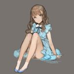  1girl blue_dress blue_eyes blue_footwear brown_hair commentary dress full_body grey_background highres knees_up long_hair looking_at_viewer original oyari_ashito simple_background sitting sketch smile socks solo white_socks 