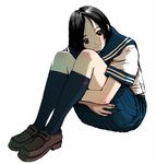  banned_artist black_hair brown_eyes copyright_request leg_hug looking_at_viewer nagasawa_shin school_uniform short_hair simple_background smile solo 