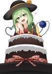  1girl black_hat blush bow cake candle close-up colored_eyelashes commentary doge_(jkdoge) eyebrows_hidden_by_hair eyelashes food frilled_shirt_collar frills green_eyes green_hair hair_between_eyes hands_up happy hat hat_ribbon heart heart-shaped_pupils heart_of_string heart_print highres komeiji_koishi looking_at_viewer medium_hair open_mouth own_hands_together pink_bow ribbon shirt simple_background smile solo straight_hair symbol-shaped_pupils third_eye touhou white_background yellow_ribbon yellow_shirt 