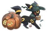  animal_focus basket candy colored_sclera ears_through_headwear eevee food full_body green_hat green_neckerchief happy_halloween hat highres holding holding_basket jack-o&#039;-lantern lollipop looking_at_viewer mouth_hold neckerchief no_humans orange_sclera pokemon pokemon_(creature) pumpkin simple_background solo swirl_lollipop umbreon volpecorvo white_background witch_hat wrapped_candy 