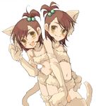  animal_ears bad_id bad_pixiv_id bikini brown_hair cat_ears futami_ami futami_mami gloves idolmaster idolmaster_(classic) idolmaster_1 iruha lowres midriff multiple_girls paw_gloves paws siblings simple_background swimsuit tail thighhighs twins yellow_eyes 