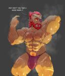 abs absurd_res beard biceps bodily_fluids bulge daspurplesong eye_patch eyewear facial_hair fangs gorem_(purplesong) hair hi_res humanoid humanoid_pointy_ears male musk musk_clouds orange_hair orc pecs solo sweat teeth