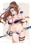 absurdres asymmetrical_bangs beatrix_(granblue_fantasy) beatrix_(summer)_(granblue_fantasy) belt bikini blue-framed_eyewear blue_bikini breasts brown_hair eyewear_on_head granblue_fantasy green_eyes hair_ornament highres holding holding_sword holding_weapon large_breasts long_hair looking_at_viewer navel official_alternate_costume parted_lips ponytail simple_background smile string_bikini sunglasses swimsuit sword thigh_belt thigh_strap weapon wuzhu_nis 