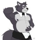  absurd_res adastra adastra_(series) amicus_(adastra) anthro belly boxers_(clothing) bulge butler canid canine canis clothing echo_project fur grey_body grey_fur hand_on_belly hi_res male mammal narrowed_eyes nipples solo underwear wolf 