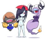  3girls :&gt; ameonna_(youkai_watch) arm_up armpits barefoot big_mouth bikini black_hair blush breasts brown_hair cheerleader colored_skin cyclops flame-tipped_tail floating full_body fuumin_(youkai_watch) hair_horns hair_over_one_eye half-closed_eyes holding holding_pom_poms jumping kuchidakeonna leotard long_hair midriff monster_girl multiple_girls navel no_eyes nollety one-eyed open_mouth pigeon-toed pointy_ears pom_pom_(cheerleading) purple_skin red_eyes side-tie_bikini_bottom simple_background skirt sleeveless standing strapless strapless_leotard swimsuit teeth umbrella white_background white_bikini white_hair youkai_(youkai_watch) youkai_watch 