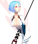  ayanami_rei blue_hair bodysuit breasts cleavage dskb lance_of_longinus large_breasts neon_genesis_evangelion open_clothes open_shirt pink_eyes plugsuit shirt solo white_bodysuit 